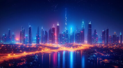 Spectacular view of modern city skyline with highways and skyscrapers at night.