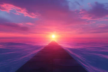 Gordijnen Breathtaking sunset over the ocean with a wooden pier leading into the horizon, vibrant pink and purple sky, peaceful sea view, relaxing nature wallpaper, scenic dream landscape © Ram