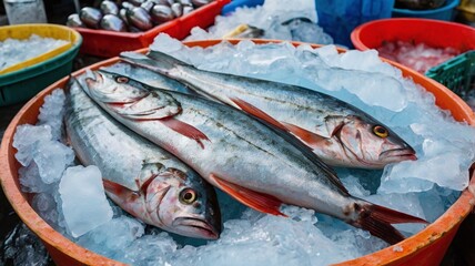 Fresh fish on ice at a fish market, guadeloupe, french west indies- pointe-a-pitre, grand-terre, guadeloupe, france
