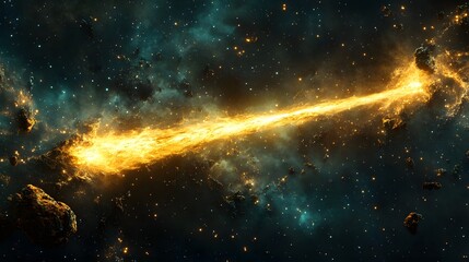 Cosmic Stream Golden Energy Nebula Rocks Stars