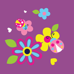 Cute ladybug vector illustration with beautiful flowers