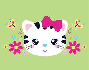 Vector illustration of cute cat with beautiful flowers