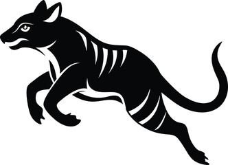 Fototapeta premium Thylacine Illustration: Extinct Tasmanian Tiger Leaping, Black and White Vector Art, Wildlife Animal Icon, Vintage Style Graphic