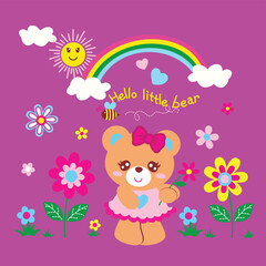 Vector illustration of cute bear with beautiful flowers