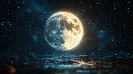 The night sky with a full moon and shining stars