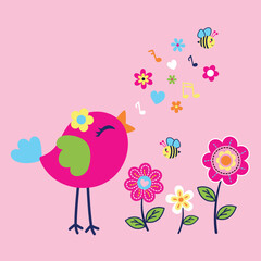 Adorable singing bird vector illustration surrounded by vibrant flowers and playful cute insects in a cheerful nature scene  