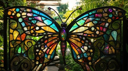 Colorful stained glass butterfly gate detail.