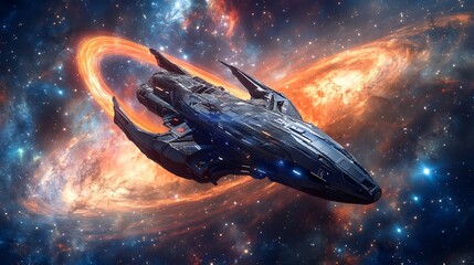 Fototapeta premium Spaceship Navigating Cosmic Nebula Ring