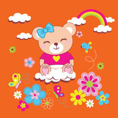 Obraz premium Vector illustration of cute bear with beautiful flowers