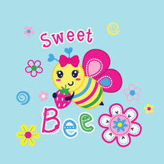 Vector illustration of cute bee with beautiful flower