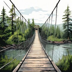 Obraz premium the AI Image Generator, Suspension Bridge Over Serene Forest River Landscape