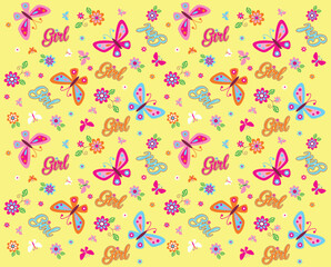 Seamless vector illustration of cute butterflies with floral decoration.