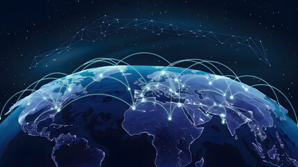 Fototapeta premium Communication technology, global internet network over Earth. Telecommunication and data transfer, connection links.