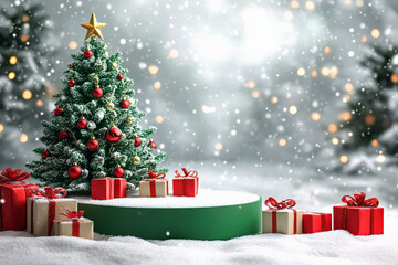 A Christmas setting with a Christmas tree and gifts covered in snow. (Generative AI)