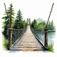 Obraz premium the AI Image Generator, Suspension Bridge Over Serene Forest River Landscape