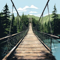 Obraz premium the AI Image Generator, Suspension Bridge Over Serene Forest River Landscape