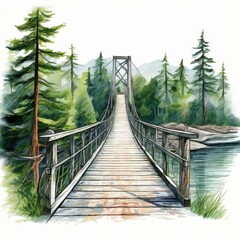 Obraz premium the AI Image Generator, Suspension Bridge Over Serene Forest River Landscape