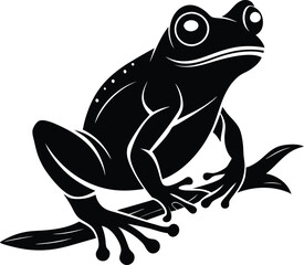 Black and White Frog Illustration: Detailed Vector Image of a Frog Sitting on a Branch, Animal Wildlife Art, Nature Graphic Design