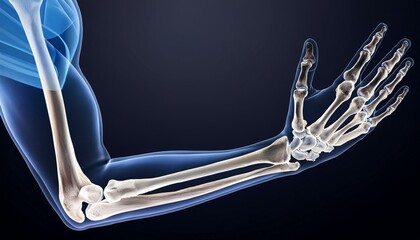 Detailed anatomical rendering of a human forearm and hand, showcasing the intricate bone structure.
