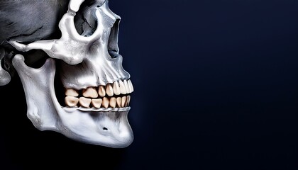 Detailed profile view of a human skull against a dark background.
