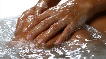 Fototapeta premium Close-up of hands submerged in water, creating bubbles, suggesting relaxation and self-care.