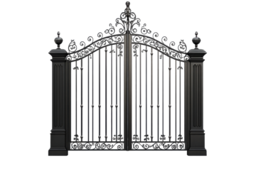 Rustic Wrought Iron Gate with Decorative Scrollwork Isolated on Transparent Background