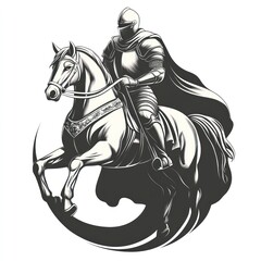 Medieval knight on a horse in full armor, depicted in a stylized, vintage illustration, positioned centrally within a circular design element.