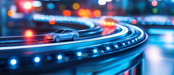 A sleek model car navigates a glowing, illuminated track in a vibrant urban setting, showcasing the blend of technology and design.