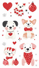 Cute cartoon dogs with hearts and ornaments.