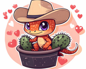 Cute cartoon gecko wearing a cowboy hat sits on cacti in a pot surrounded by hearts.