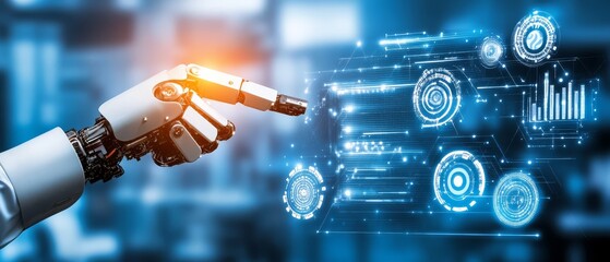 A robotic hand points towards digital interfaces, highlighting technology, data visualization, and the intersection of human and artificial intelligence.