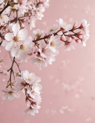 Obraz premium Pale pink background with scattered white cherry blossoms, surface design, season, minimalist, Botanical art, greeting card