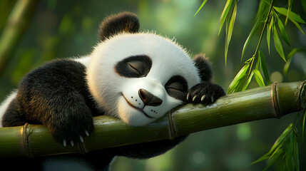 Fototapeta premium A panda bear is sleeping on a tree branch