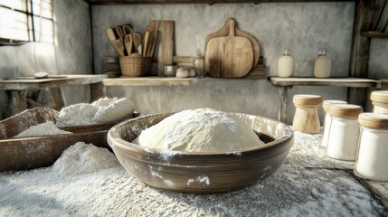 Homemade Bread Dough Rising in a Rustic Kitchen Bowl