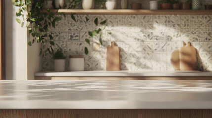 tranquil kitchen scene featuring smooth white countertop, lush greenery, and decorative tiles. warm sunlight creates serene atmosphere