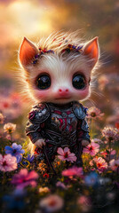 Cute piglet in armor stands in a field of flowers at sunset.