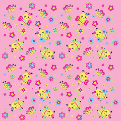 Seamless vector illustration of cute bees with floral decoration.