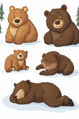 Fototapeta premium Five adorable cartoon bears in various poses on a snowy background.