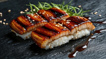 Two Pieces of Grilled Anago Sushi on Slate
