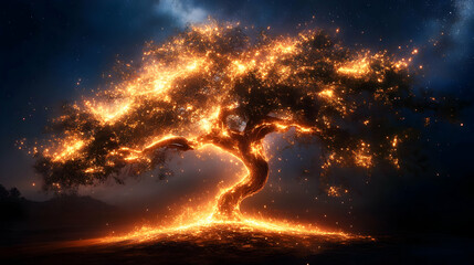 Fototapeta premium Fiery Tree Burns Brightly in Night Sky, Embers Glow, Magical Scene