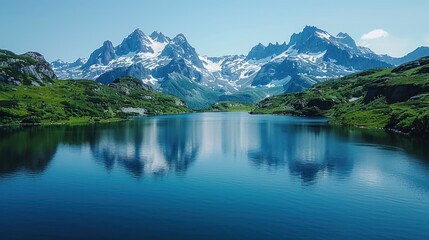 Fototapeta premium Serene mountain lake reflecting snow-capped peaks under a clear blue sky.