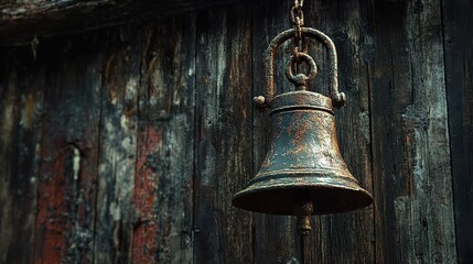 Obraz premium Aged Metal Bell on Rustic Wooden Wall