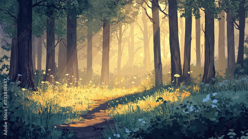 Poster serene forest pathway with sunlight filtering through trees