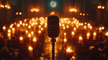 Vintage microphone in a dimly lit church with many candles.