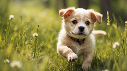 Running through the spring grass is a contented puppy.