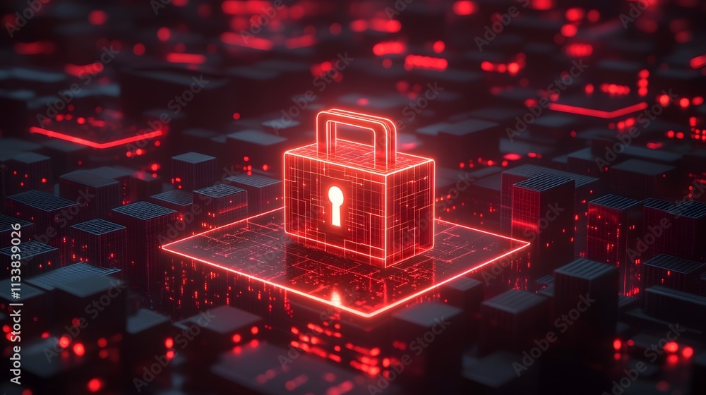 Poster red glowing digital padlock on a circuit board, symbolizing cybersecurity and data protection.