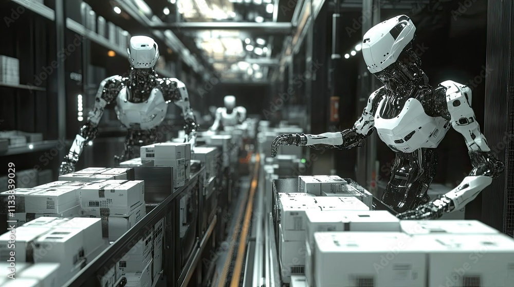 Poster robots sorting packages in high-tech automated warehouse environment