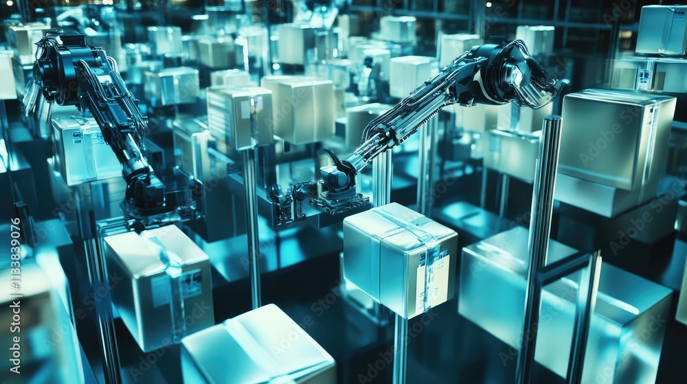 Poster advanced robotics handling transparent packages in modern warehouse