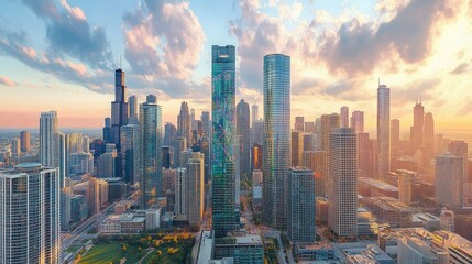Fototapeta premium Aerial View of Modern Chicago Skyline During Colorful Sunset