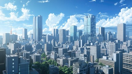 Obraz premium Vibrant Cityscape with Skyscrapers and Blue Sky in Urban Setting